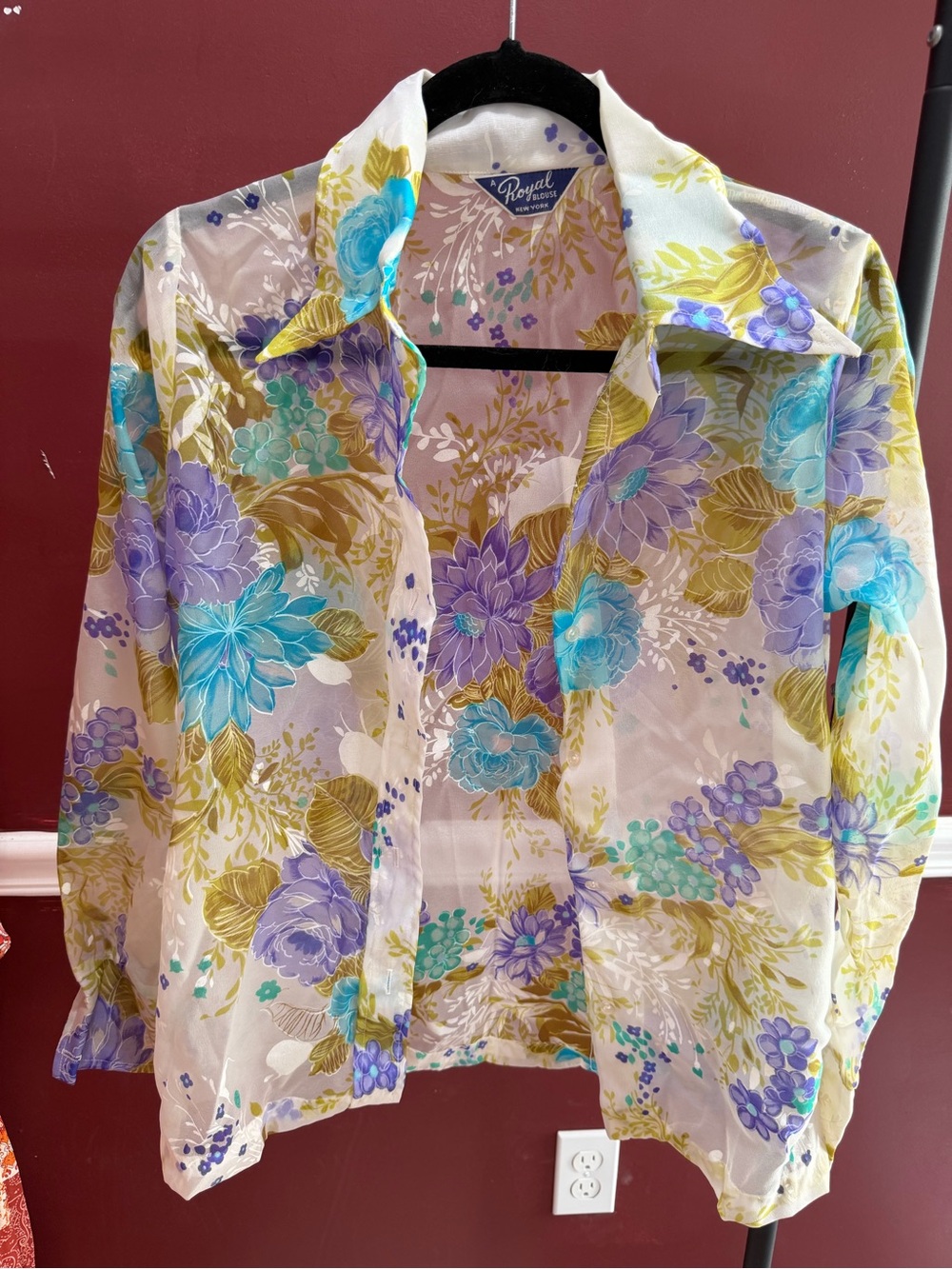 Floral Button-Up Sheer Blouse in Lavender & Aqua